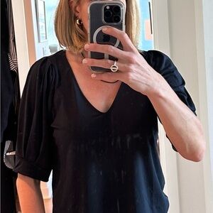 Banana Republic 3/4 length, puff sleeve, V-neck blouse- navy, medium